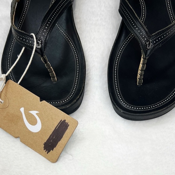 NWT OluKai Ola Leather Platform Flip Flop Sandals in Black - Picture 5 of 8